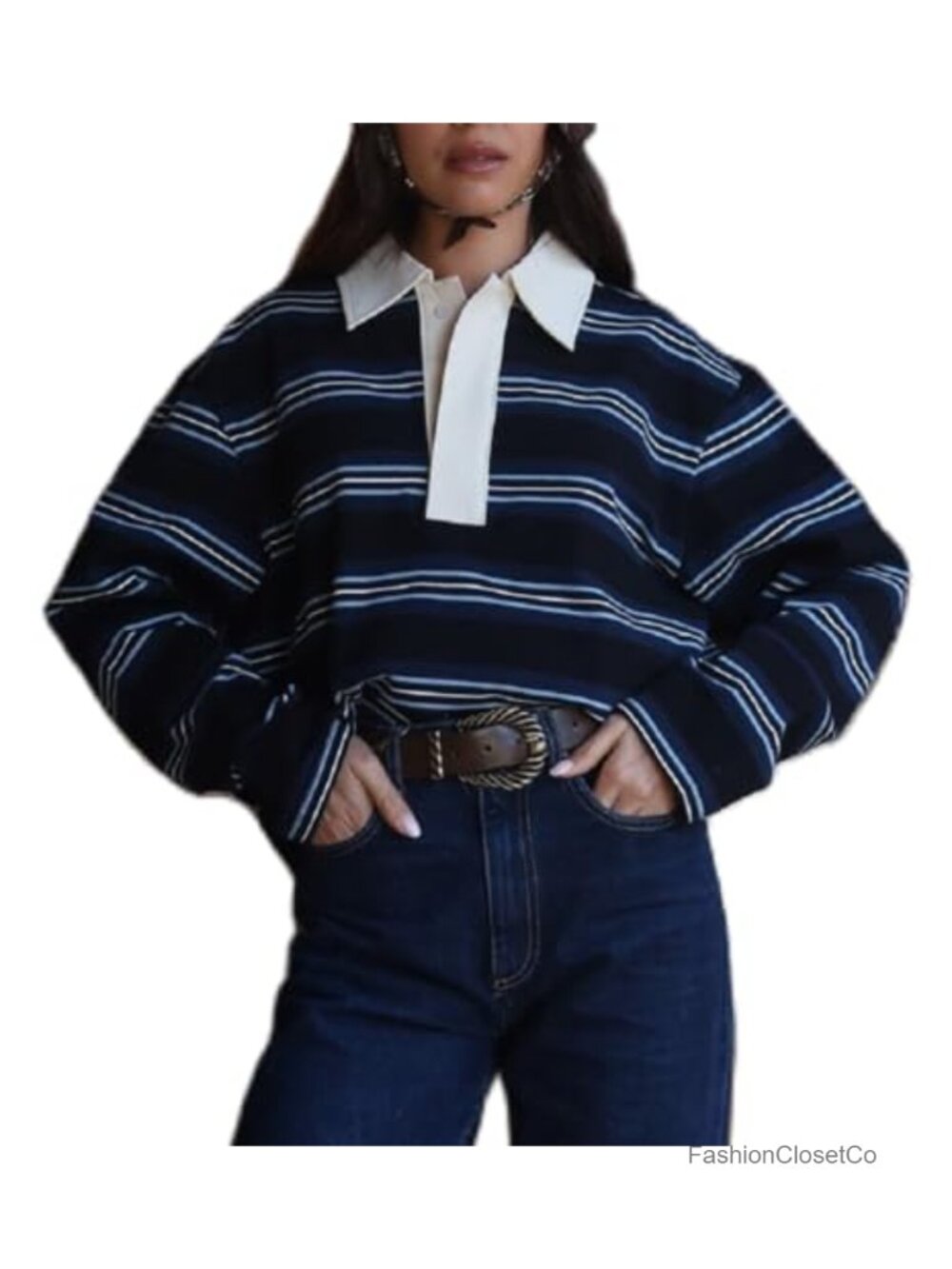 Women Striped Oversized Polo Sweatshirt Long Sleeve V Neck Pullover Color Block